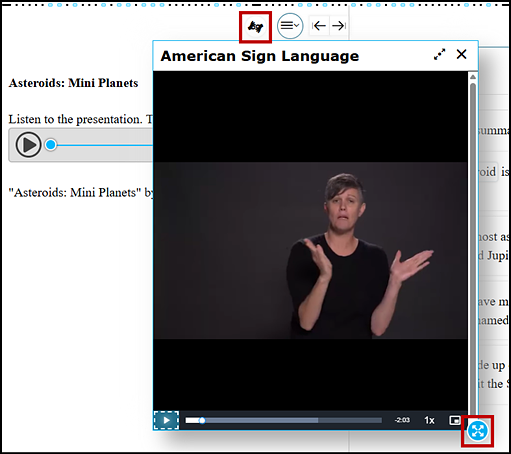 Sample test question with a pop-up box with the ASL video over the question and the context menu open with the American Sign Language option and border selection option indicated.