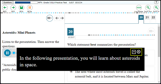 Sample test question with closed-captioning displayed for an audio presentation; the closed-captioning appears in a box over the question and the location and close controls are indicated.
