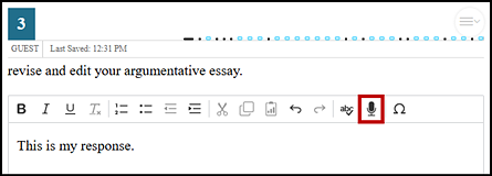 Sample test question with 'This is my response' in the response area and the Microphone indicated above the response area.