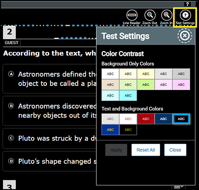 Sample question with the color contrast reversed, so that the interface is black and the text is white. The Test Settings icon is indicated.