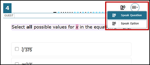 Sample test question, with the TTS icon displayed and the Speak Option and Speak Question options indicated.