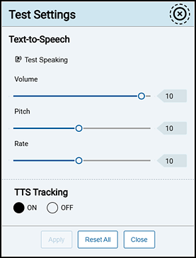 Test Settings menu showing text-to-speech volume, pitch, rate, and tracking settings.