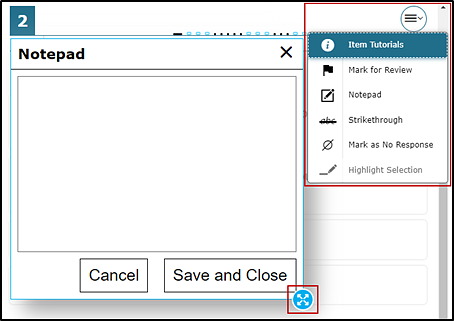 The digital notepad, with the open context menu and and border selection options indicated.