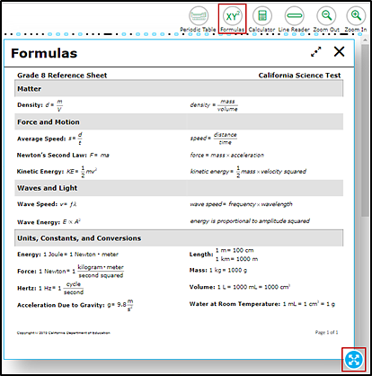 Formulas reference sheet with the Formulas button on the testing interface and the border selection option indicated.