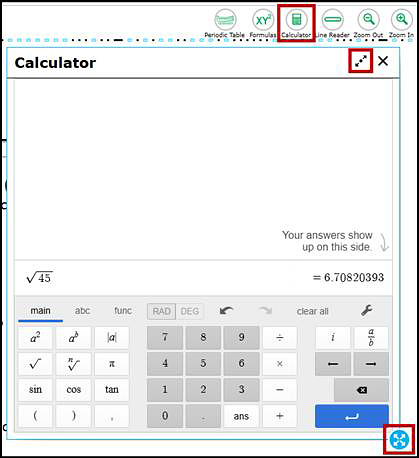 The on-screen scientific calculator that also shows the Calculator and buttons for other universal tools with the Calculator button, maximize, and border selection area indicated.