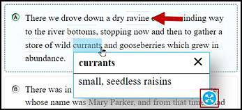 English Glossary, with "currants" highlighted and defined as small, seedless raisins in a separate pop-up window and with the border selection option "ravine" indicated.
