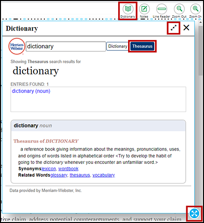English Thesaurus (Writing), with the Dictionary buttons and the expand and border selection options indicated. The Notes, Line Reader, Zoom Out, and Zoom In buttons are also visible.