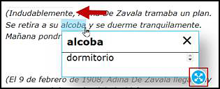 Spanish Glossary, with "alcoba" highlighted and defined as "dormitorio" in a separate pop-up window and with the border selection option "Indudablemente" indicated.