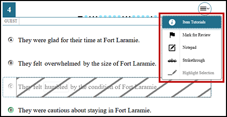 Strikethrough tool selected in the context menu, which is called out. One of the sample question answers is crossed out using the Strikethrough tool.