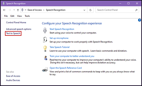 Configure your Speech Recognition experience window, with the Text to Speech link indicated.