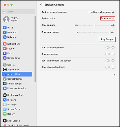 Spoken Content option with the System voice selector and Play Sample button indicated.