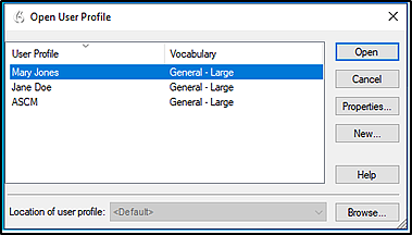 Dragon Naturally Speaking Open User Profiles window displaying several existing user profiles and an Open button.