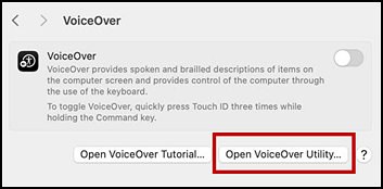 VoiceOver screen with the Open VoiceOver Utility button indicated.