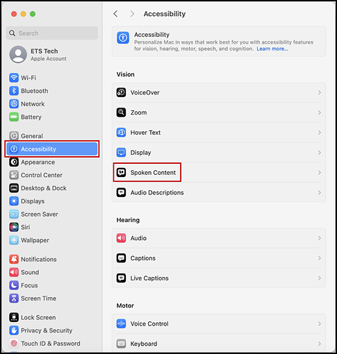Accessibility section of System Settings interface with Accessibility option and Spoken Content indicated.