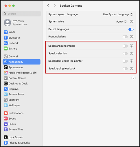 Spoken Content panel in System Settings interface with Speak announcements, Speak selection, Speak item under the pointer, and Speak typing feedback options indicated.