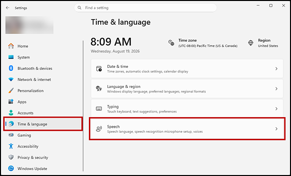 Windows Setting screen with the Time & language button and Speech link indicated.