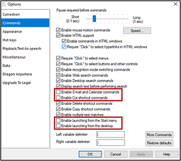 Dragon Options window open to the Commands tab with the settings mentioned in step 2 unchecked and indicated.