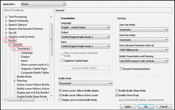 JAWS Settings center window with the Translation settings displayed along with the Apply and OK buttons.