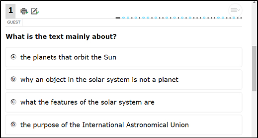 Sample test question with four radio buttons displayed.