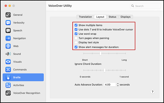 Layout tab in the VoiceOver Utility screen with the settings listed in step 6 indicated.