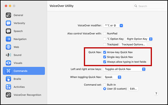 VoiceOver Utility Commands screen indicating where the Quick Nav checkboxes are marked.