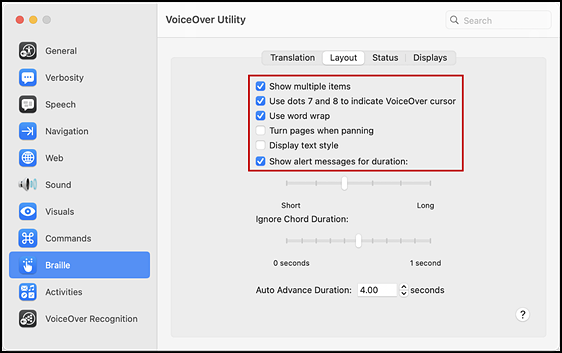Layout tab in the VoiceOver Utility screen with the settings listed in step 6 indicated.