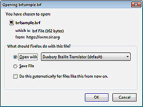 File dialog box for opening the brfsample.brf file using the Duxbury Braille Translator.