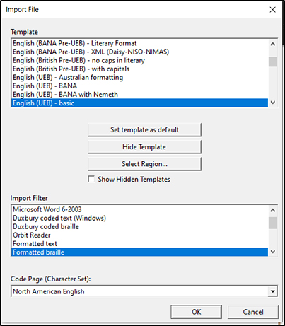 Import File window, showing selections for the Template and Import Filter settings.