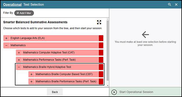 Operational Test Selection screen with Mathematics Braille Hybrid Adaptive Test indicated