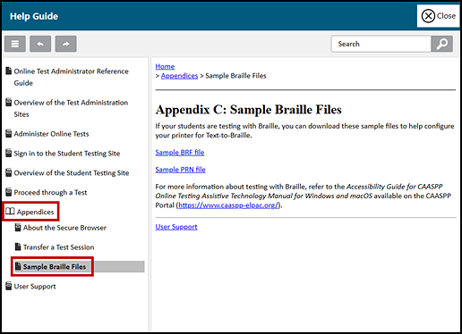 Help Guide screen in the Test Administrator Interface, with the Appendices and Sample Braille Files indicated.