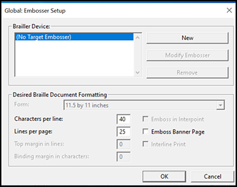 Global: Embosser Setup window showing the appropriate settings mentioned in the previous list.