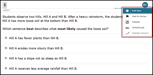 Sample test question, with the Context Menu indicated.
