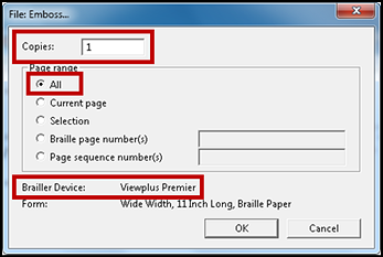 File: Emboss... window, with the Copies field set at 1 and the All radio button and Brailler Device Viewplus Premier indicated.