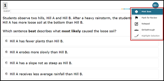 Sample test question, with the Context Menu indicated.
