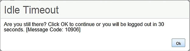 Test timeout warning message that reads, 'Are you still there? Click OK to continue or you will be logged out in 30 seconds. [Message Code: 10906].'