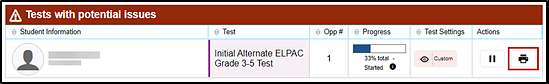 Tests with potential issues table with the Print icon indicated.