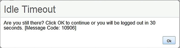 Test timeout warning message that reads, "Are you still there? Click OK to continue or you will be logged out in 30 seconds. [Message Code: 10906]."