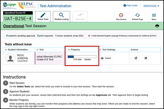 Test Administrator Interface layout with students in session with the Progress column indicated.
