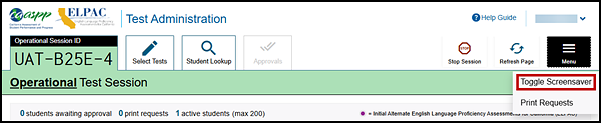 Test Administrator Interface with the Toggle Screensaver option indicated.