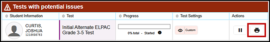 Tests with potential issues table with the Print icon indicated.