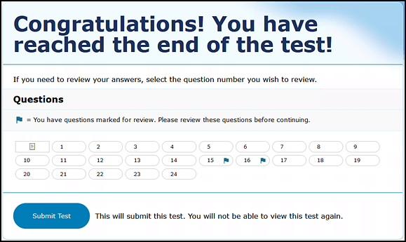 Submit Test screen showing items 15 and 16 are marked for review.