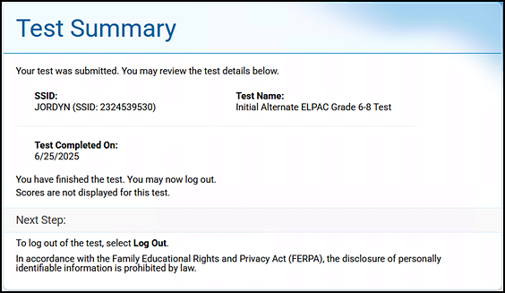 Test Summary screen that reads, "Your test was submitted. You may review the test details below."