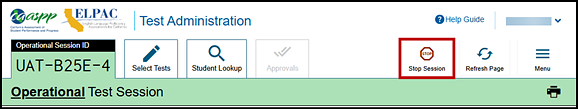 Test Administrator Interface screen with the Stop Session button indicated.