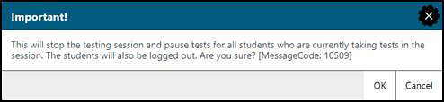 Important! message box stating that stopping the test will log students off the test.