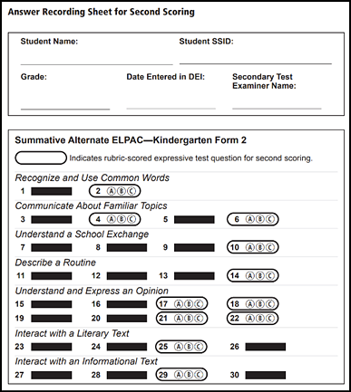 Answer recording sheet for second scoring for kindergarten.