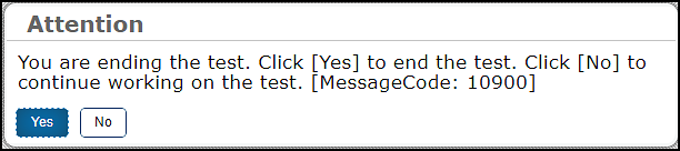 Attention message box stating the test has ended.