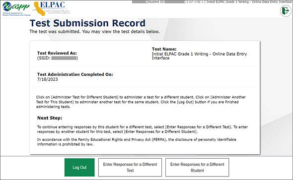Test Submission Record screen with three buttons at the bottom: Log Out, Enter Responses for a Different Test, and Enter Responses for a Different Student.