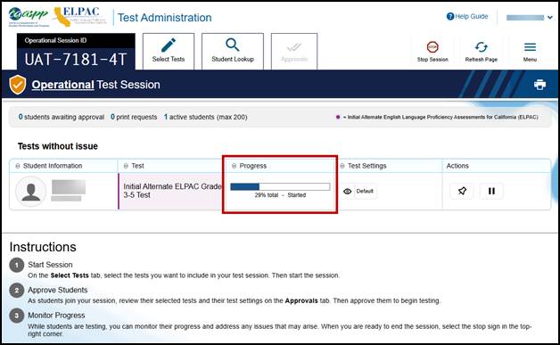 Test Administrator Interface layout with students in session with the Progress column indicated.