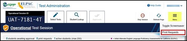 Test Administrator Interface with the Print Requests option indicated.