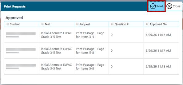 Print Requests window with the Print button indicated.